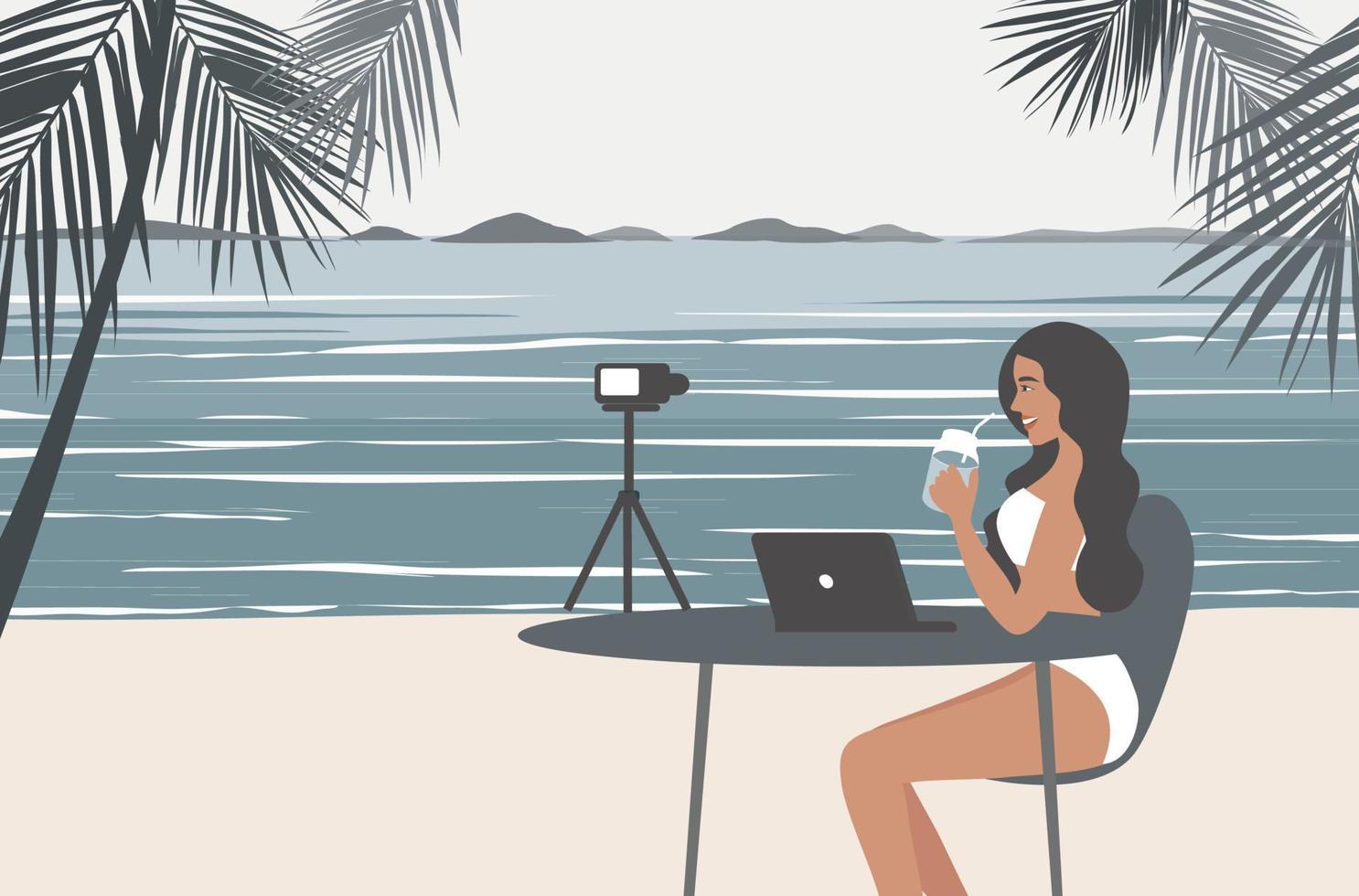 Young influencer shooting vlog on social media on smartphone vector illustration. Influencer, blogger, vlogger, live streaming online concept