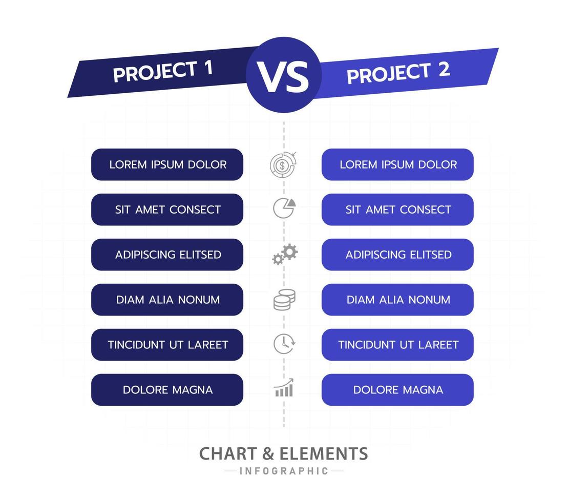 plantilla infográfica para negocios. diagrama de producto versus gráfico de comparación con 6 temas de discusión, infografía vectorial de presentación. vector