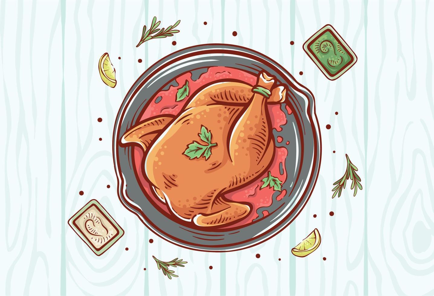 Roasted Chicken Dish illustration top view frame with wooden pattern background. Roast baked Chicken meat with sauces, lemon slice, and herb hand-drawn vector design