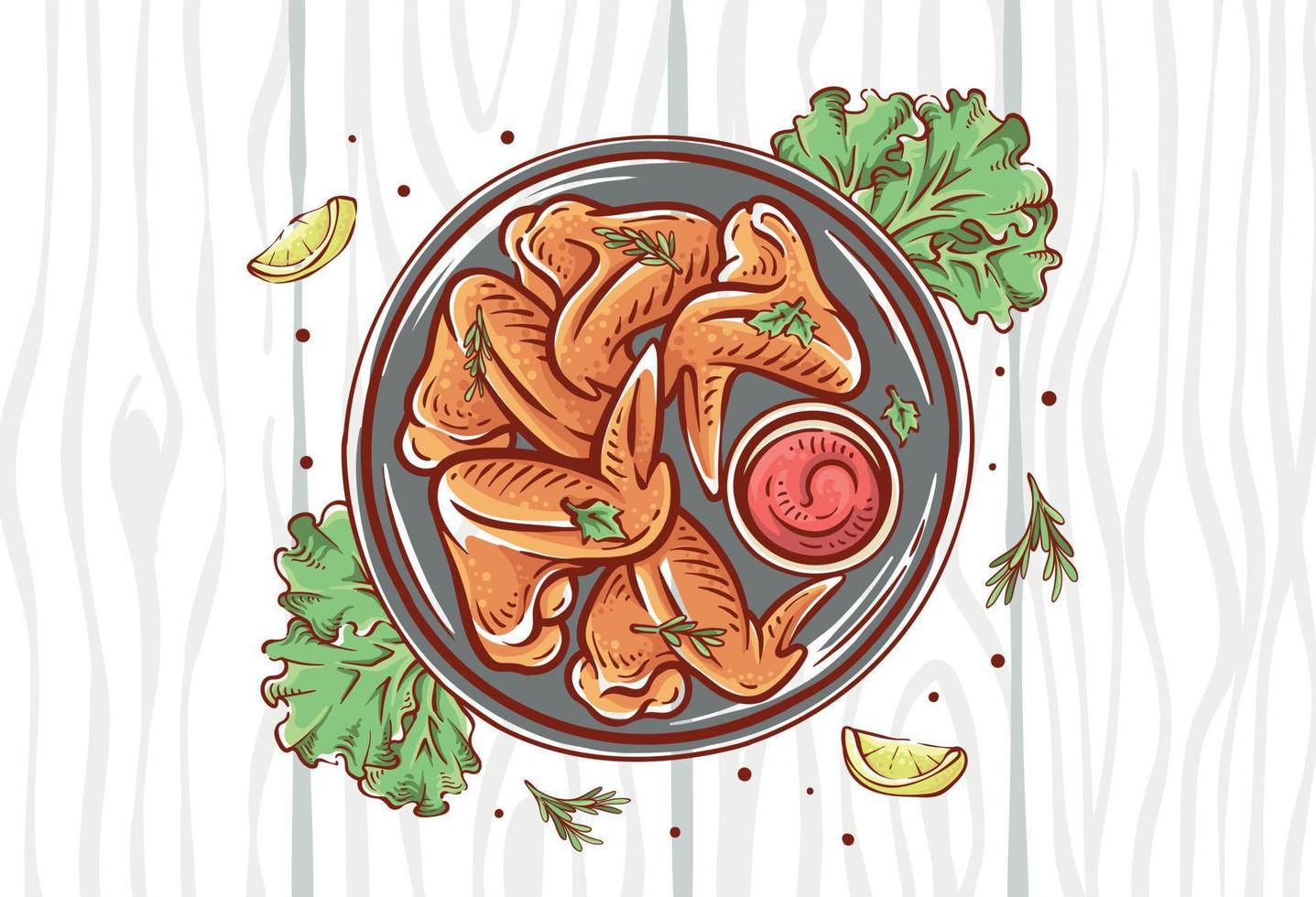 vistas superiores de la ilustración del plato de ala de pollo aisladas en el fondo del patrón de madera. comida de pollo hecha a mano con rodajas de limón y hierbas a todo color. Fondo de diseño de vector de dibujo de pollo colorido