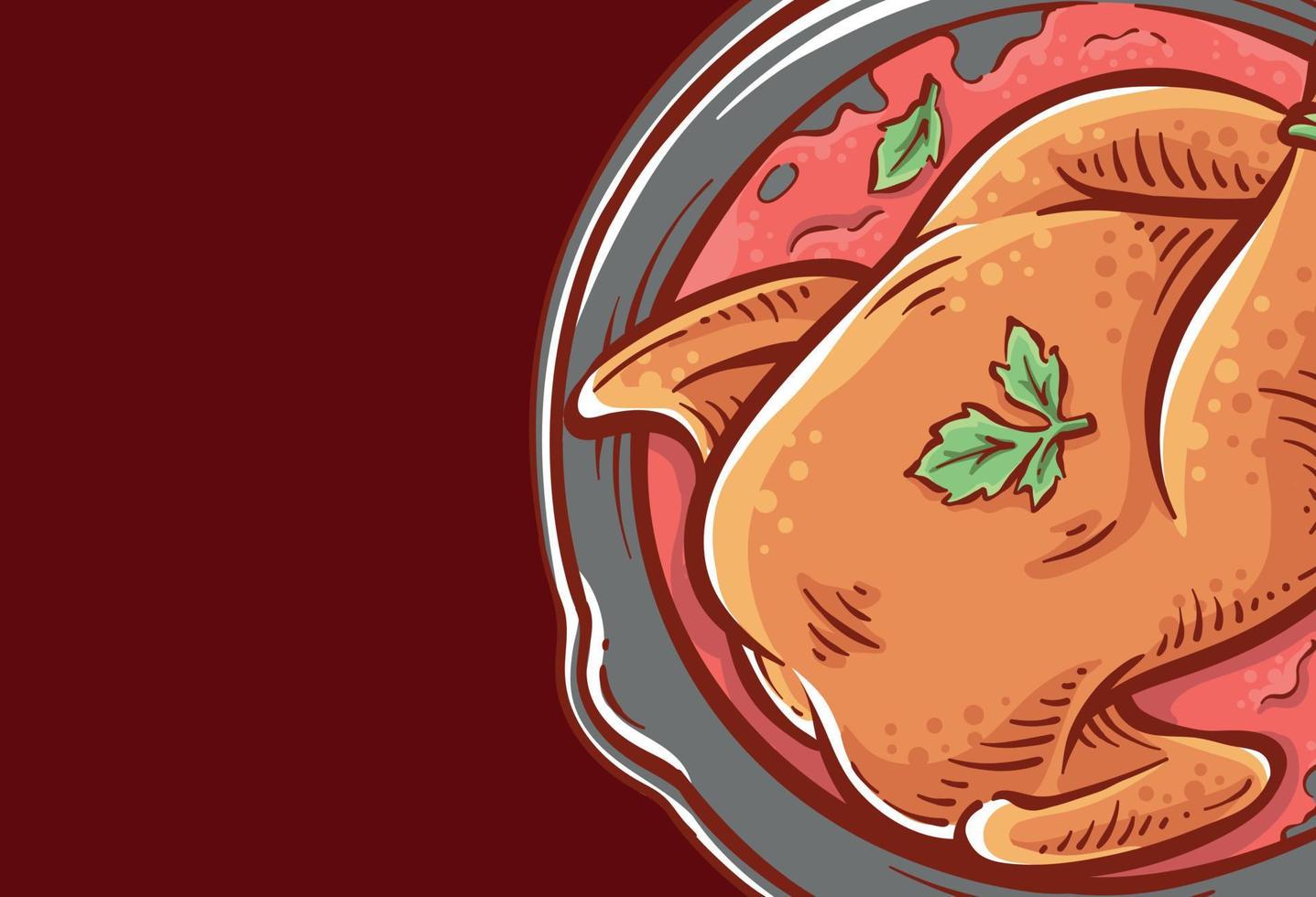 Fondo de primer plano de ilustración de plato de pollo asado. diseño de vector dibujado a mano de carne de pollo