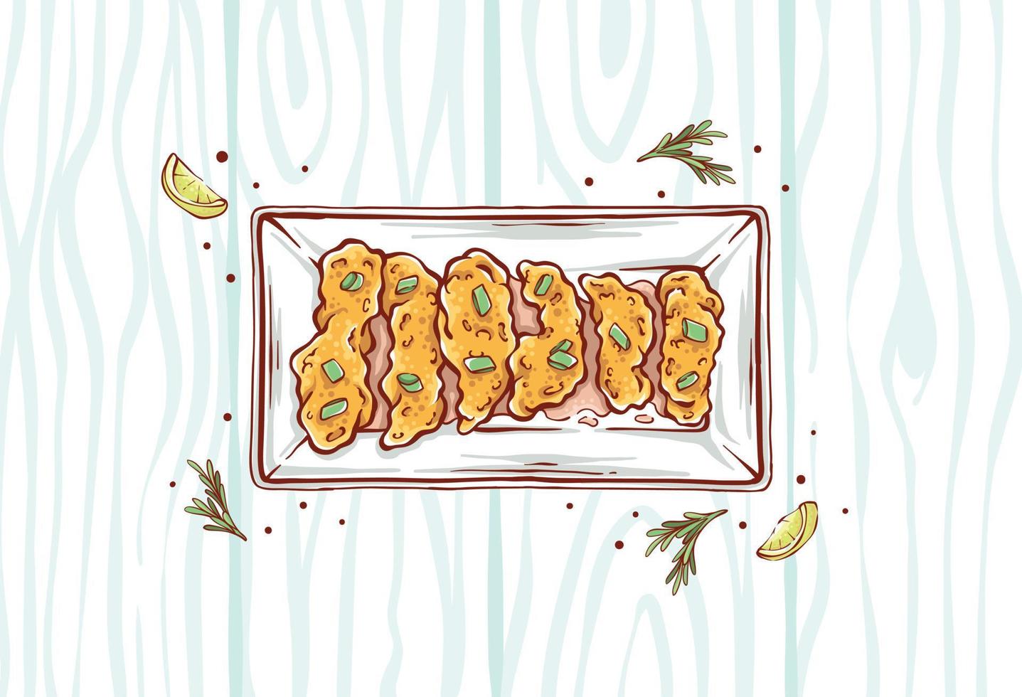 Fried Chicken Illustration with lemon slices and herbs on a wooden pattern background. Fast food chicken nugget dish hand-drawn vector design top view