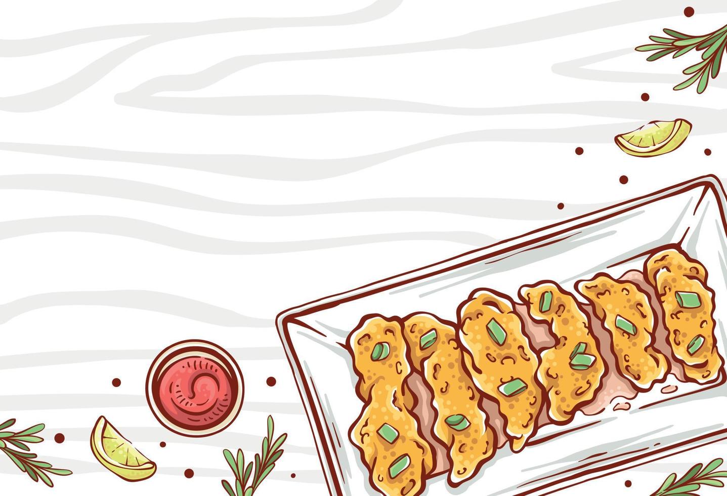 ilustración de nugget de pollo frito con salsas, rodajas de limón y hierbas sobre un fondo de patrón de madera. plato de pollo de comida rápida diseño vectorial dibujado a mano vector