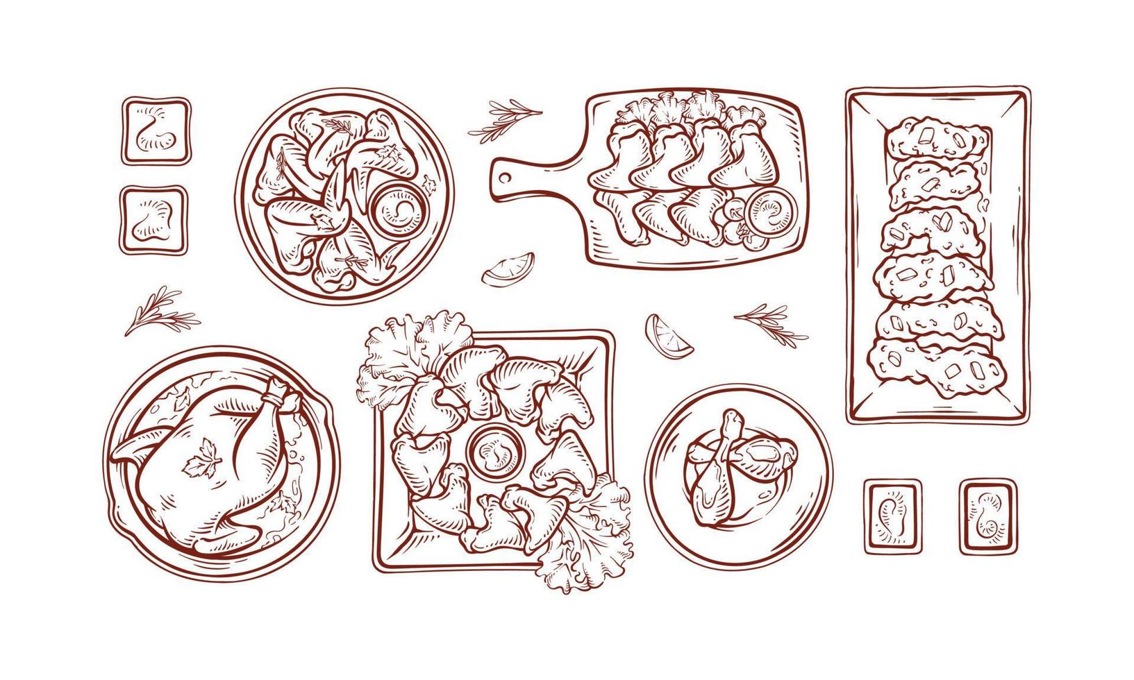 Chicken Meat Collection. Chicken Dish top view frame. Hand drawn chicken outlined set with lemon slices and herbs illustration design vector vignetting