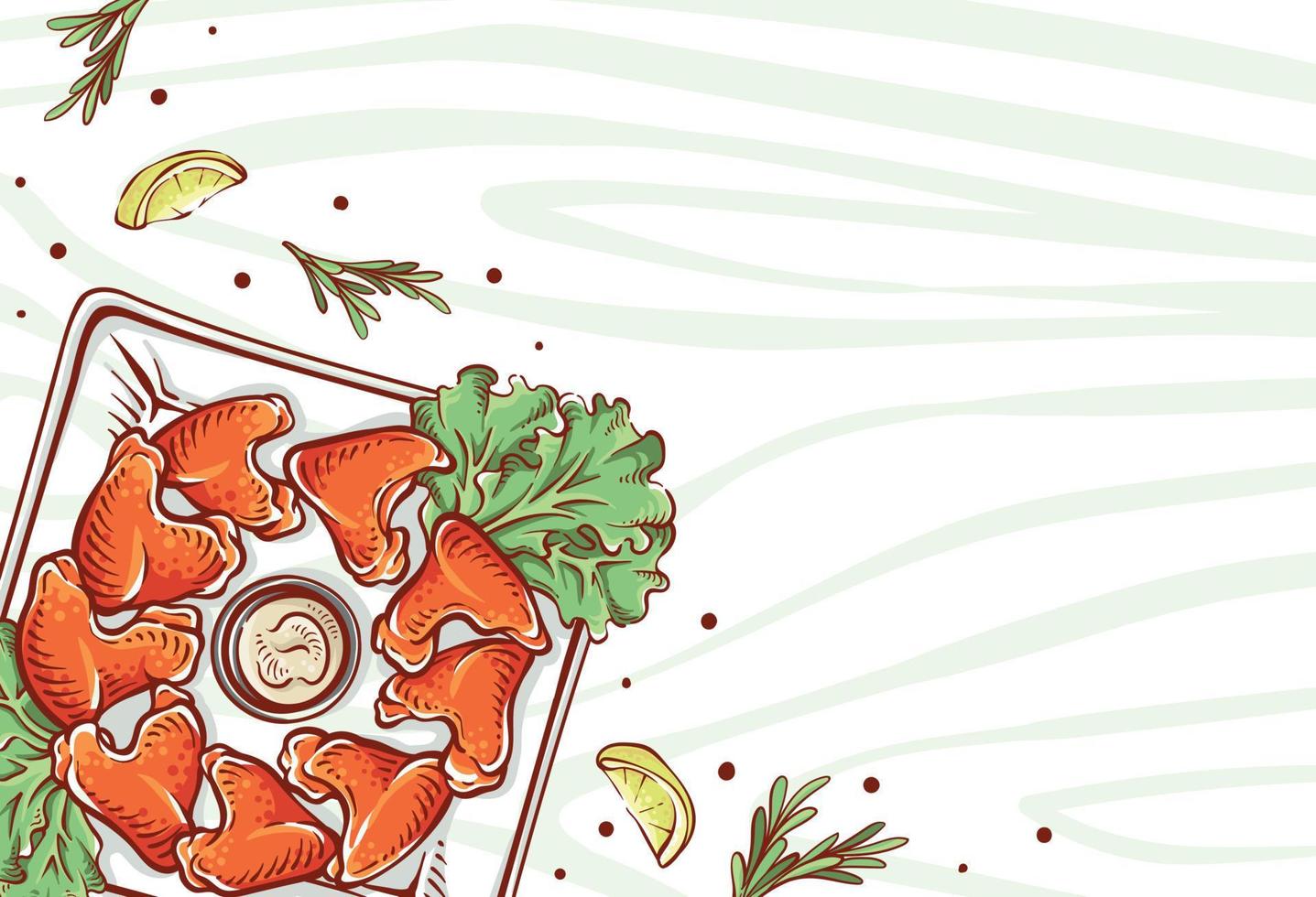 vista superior de la ilustración del plato de ala de pollo. comida de pollo hecha a mano con rodajas de limón y hierbas a todo color. Fondo de diseño de vector de dibujo de pollo colorido