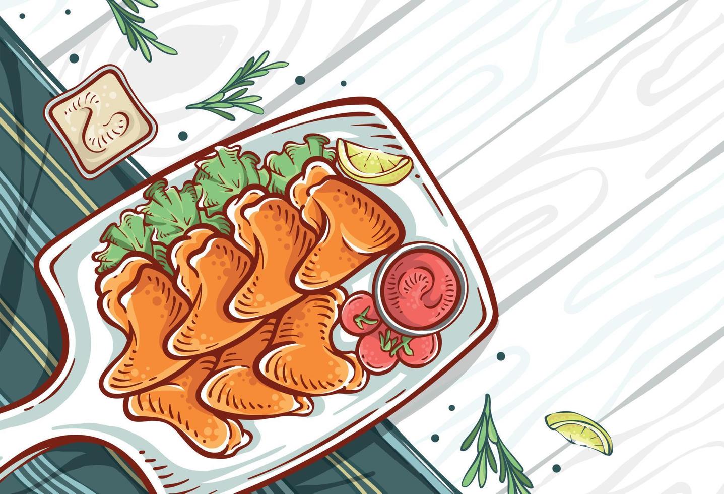 Chicken wing dish illustration top views with wood pattern and cloth background. Chicken Hand-drawn food with lemon slices and herbs in full color. Colorful chicken drawing vector design background