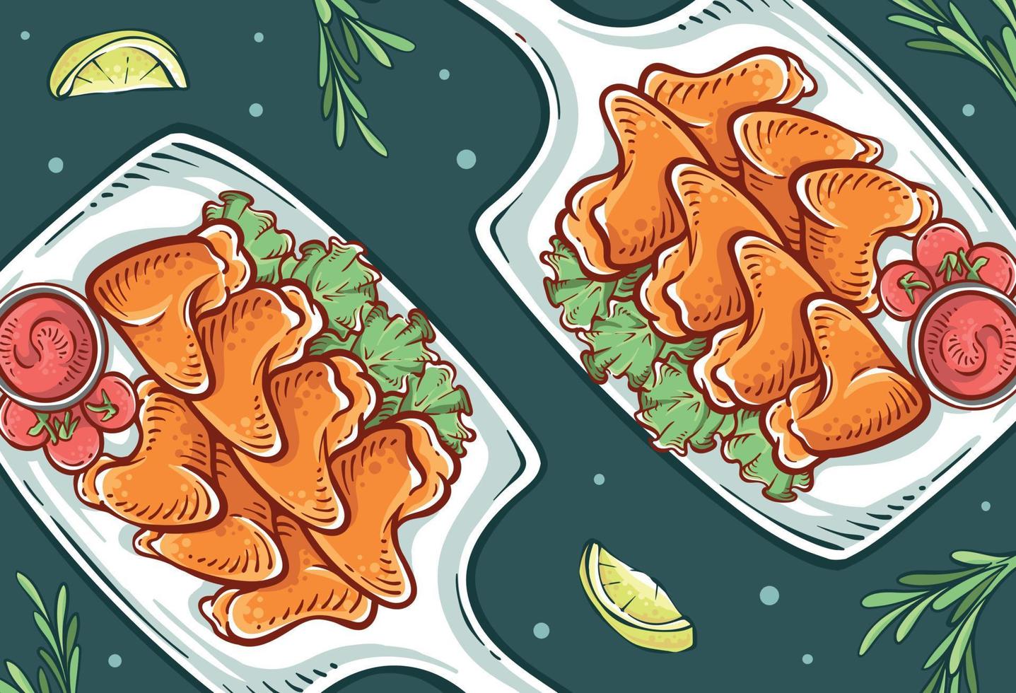 Chicken wing dish illustration top view. Chicken Hand-drawn food with lemon slices and herbs in full color. Colorful chicken drawing vector design background