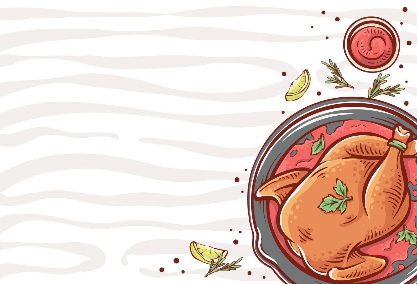 ilustración de plato de pollo asado con una rodaja de limón y vista superior de hierbas. diseño de vector dibujado a mano de carne de pollo de restaurante