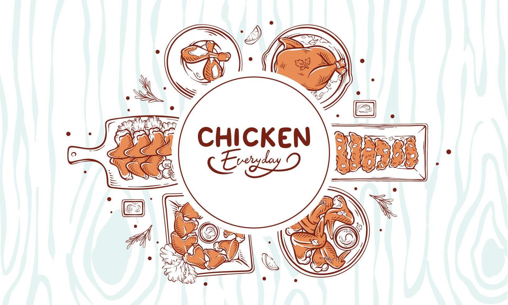 Hand drawn Chicken Dish set illustration top view. Chicken meal collection with wooden pattern background. Chicken simple drawing vector design drawing