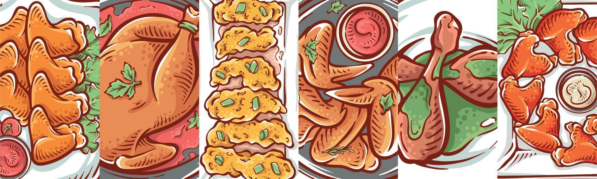 Collage of chicken dish product. Food chicken illustration drawing collection poster vector design
