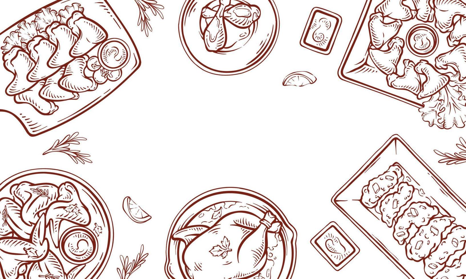 Chicken dish product top view frame. Hand-drawn chicken meat illustration background set. Chicken outlined drawing with sauces, lemon slices, and herbs vector design