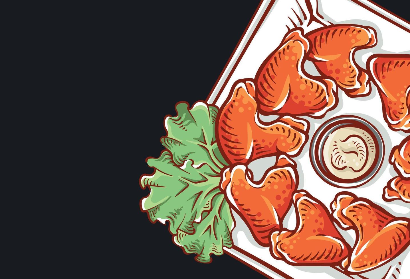 Chicken wing dish illustration close-up isolated in black. Chicken Hand-drawn food top views in full color. Colorful chicken drawing vector design background