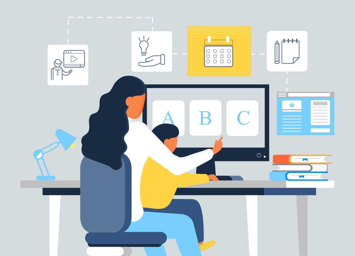Online preschool concept vector. Young woman teaching son to read using website, virtual platform. Tutorial, lecturer, calendar, blogging icons are shown. Remote school lesson vector