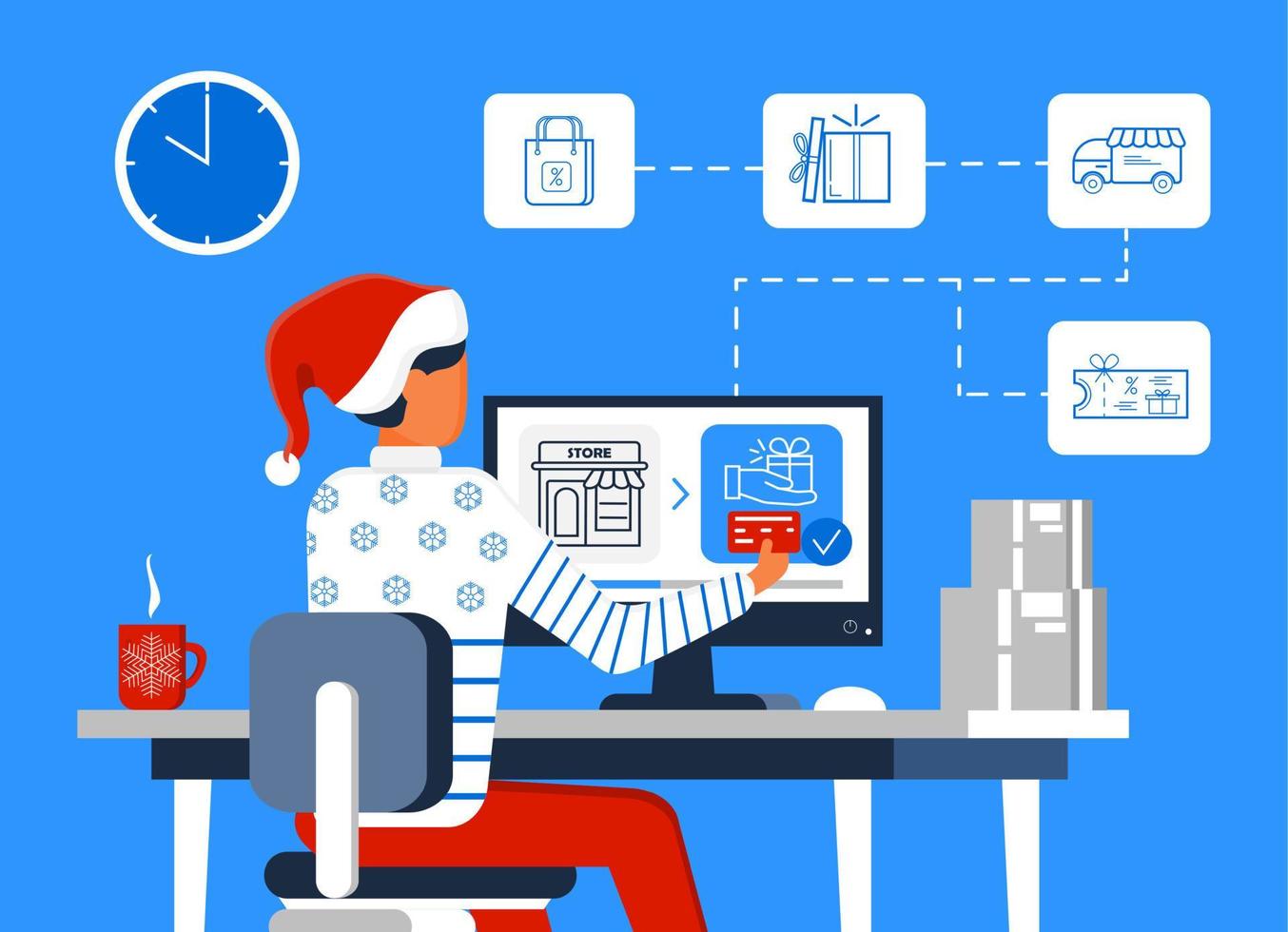 Christmas online order concept vector. Man in red hat make purchase in online store. Gift voucher in internet. Xmas sale shopping and contactless delivery in quarantine. vector