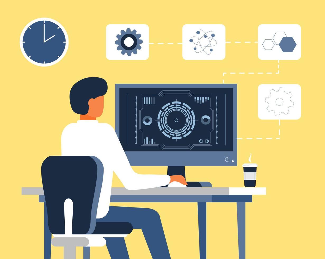 Freelancer concept vector. Remote work at home for programmer, seo, manager. Forex trader is working online. Mat sitting in front of computer screen with graphs and HUD. vector