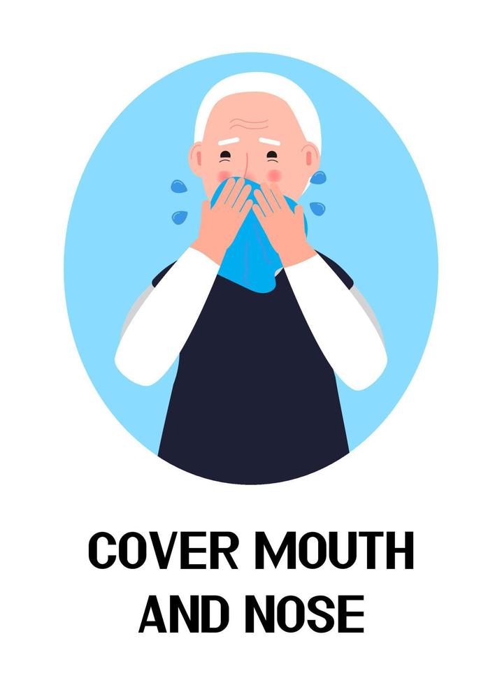 Sneezing man icon vector. Flu, cold, coronavirus symptom is shown. Senior man sneeze in hands taking wipe. Infected person illustration. Respiratory disease concept. Cover mouth vector