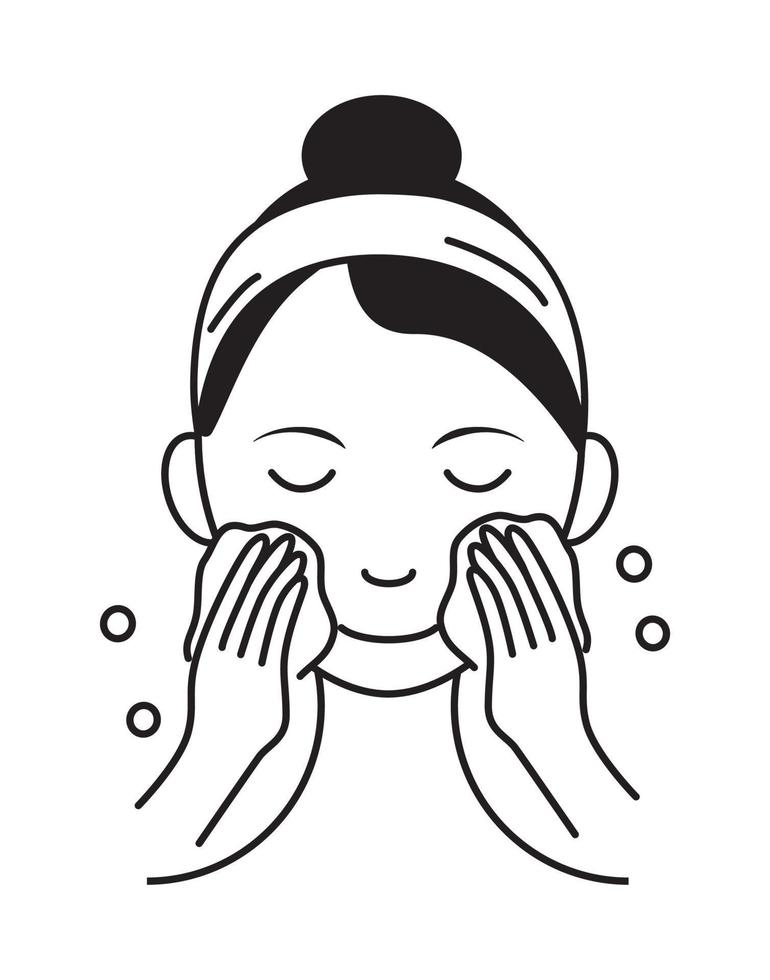 Washing face icon vector. Girl shows how to cleaning, whiting face and use cosmetic cleanser. Info-graphic in outline style illustration isolated vector