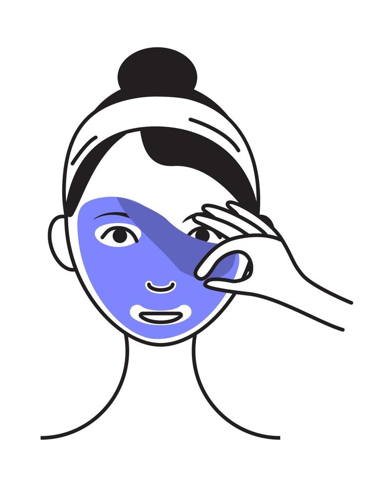 Facial mask sheet applying icon vector. Girl shows how to cleaning, whiting face and use cosmetic mask. Info-graphic in outline style illustration isolated vector