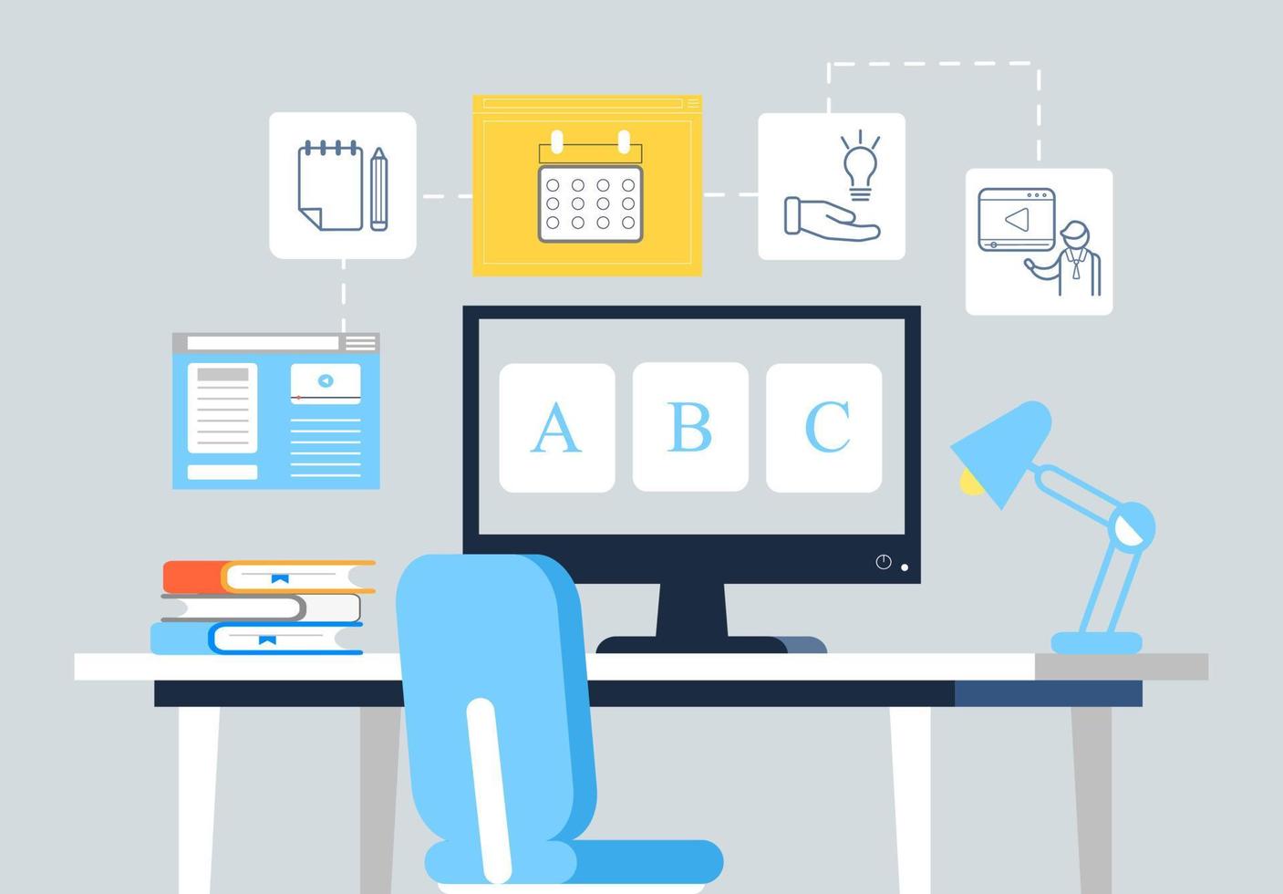 Online preschool concept vector. Using website, virtual platform in internet. Tutorial, lecturer, calendar, blogging icons are shown. Remote school lesson vector