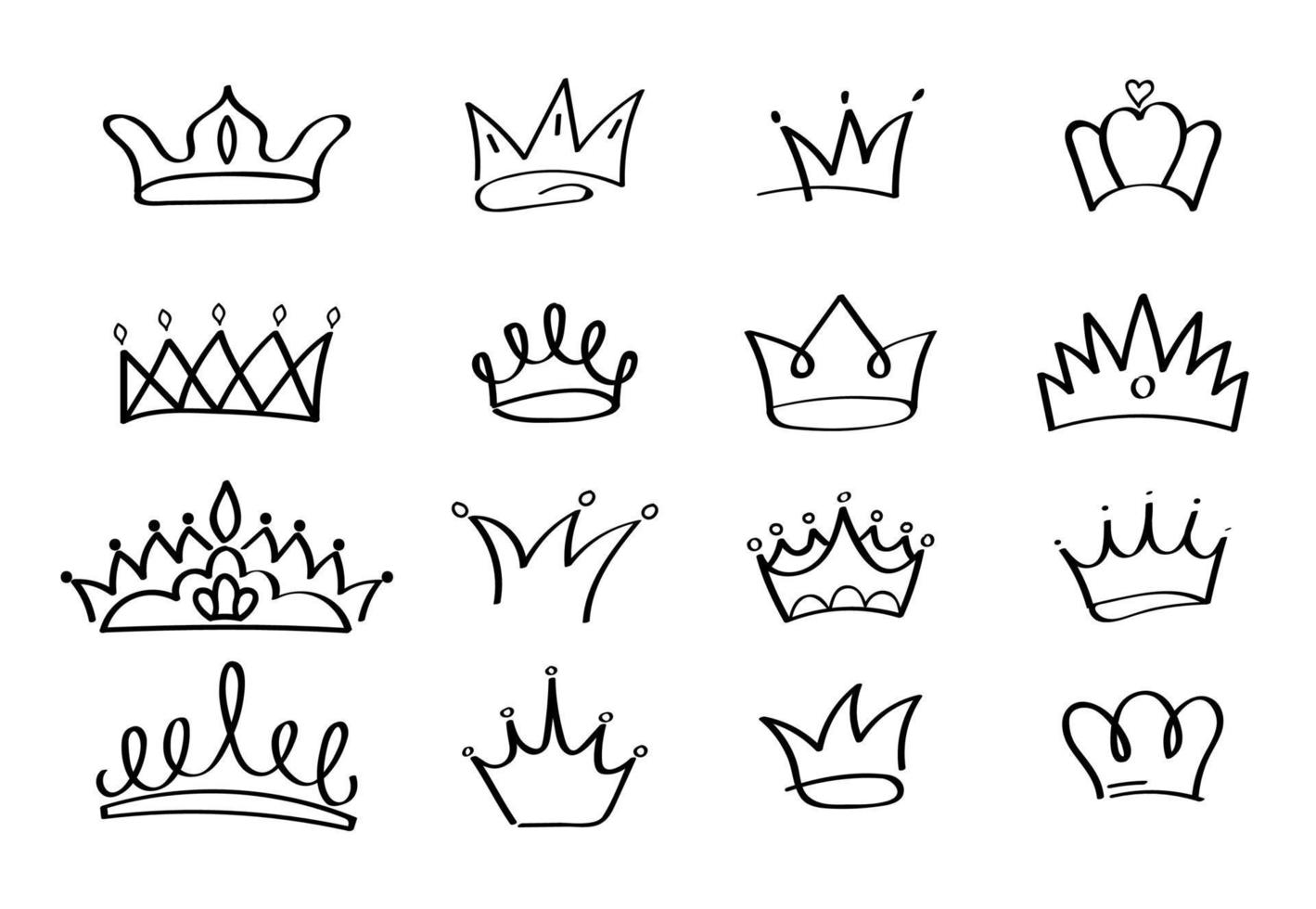 Crowns vector set in doodle style. King and queen crown as sketch. Outlines royal family signs. Simple diadems for princess. Luxury accessories for prince. Imperial attributes in graffiti hand drawn.