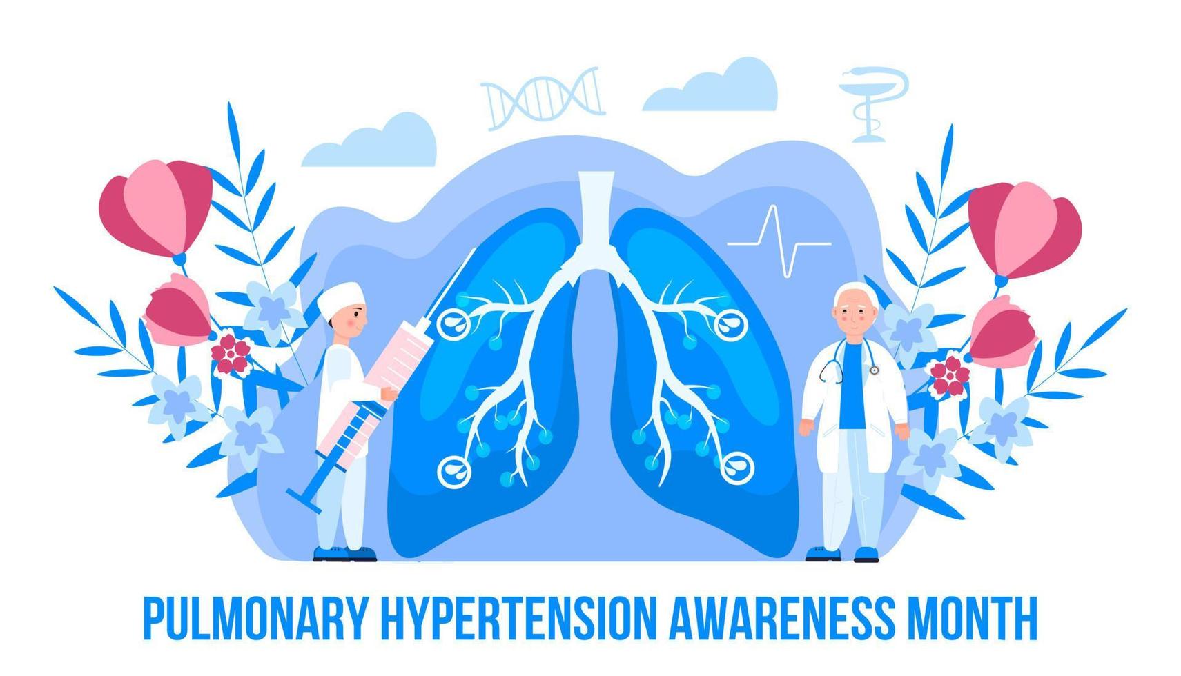 Pulmonary Hypertension awareness month is celebrated in November. Pulmonary fibrosis, tuberculosis illustration for website, app, banner. Tiny doctors treat vector