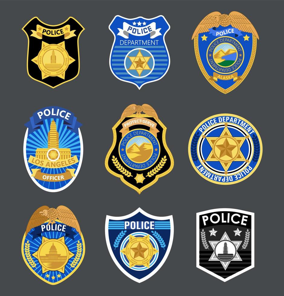 Police badges set vector. Sheriff, marshal label illustrations. Law enforcement emblems for national days. Ranger, policeman medallions. vector