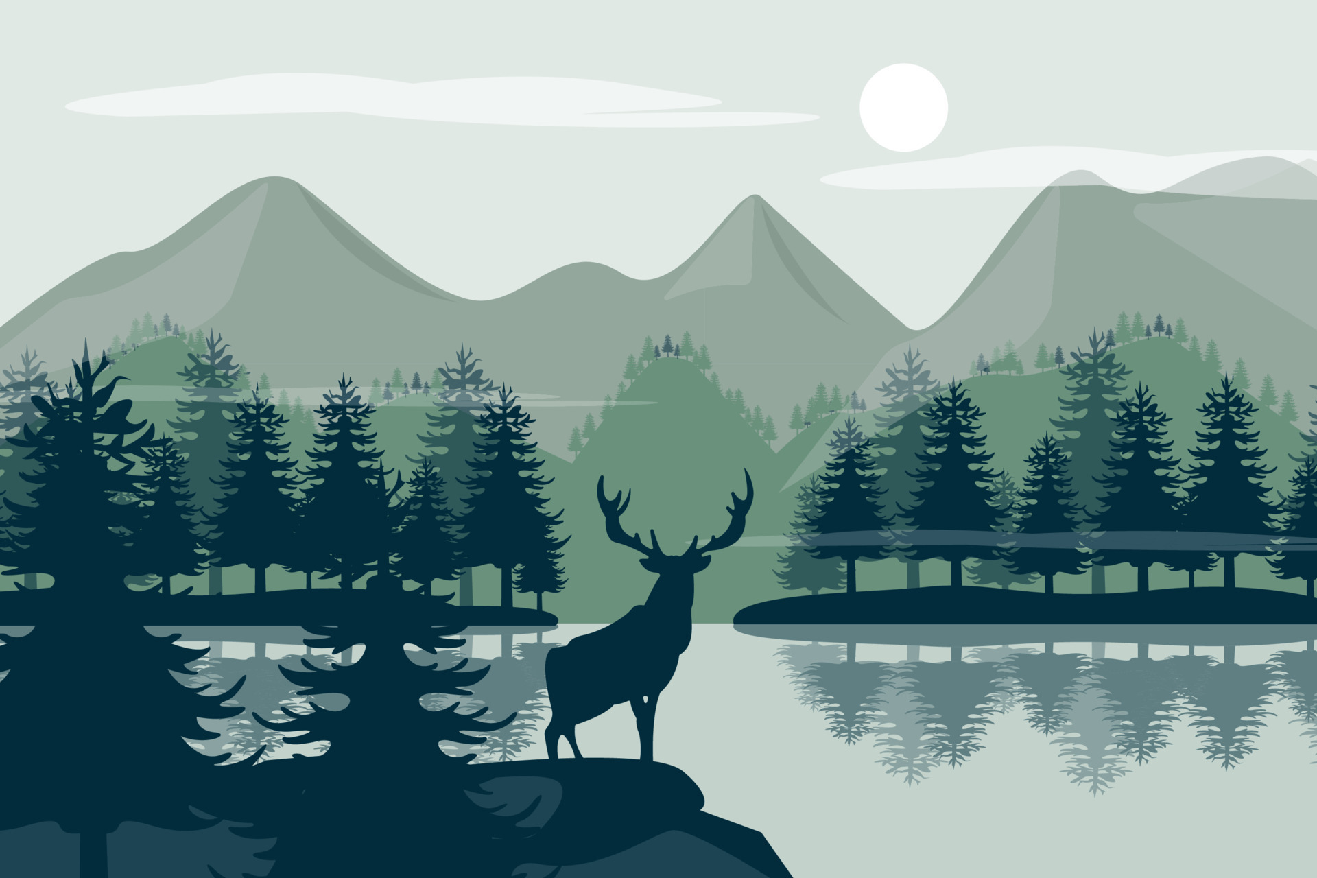 natural scenery background with mountains and trees silhouette deer