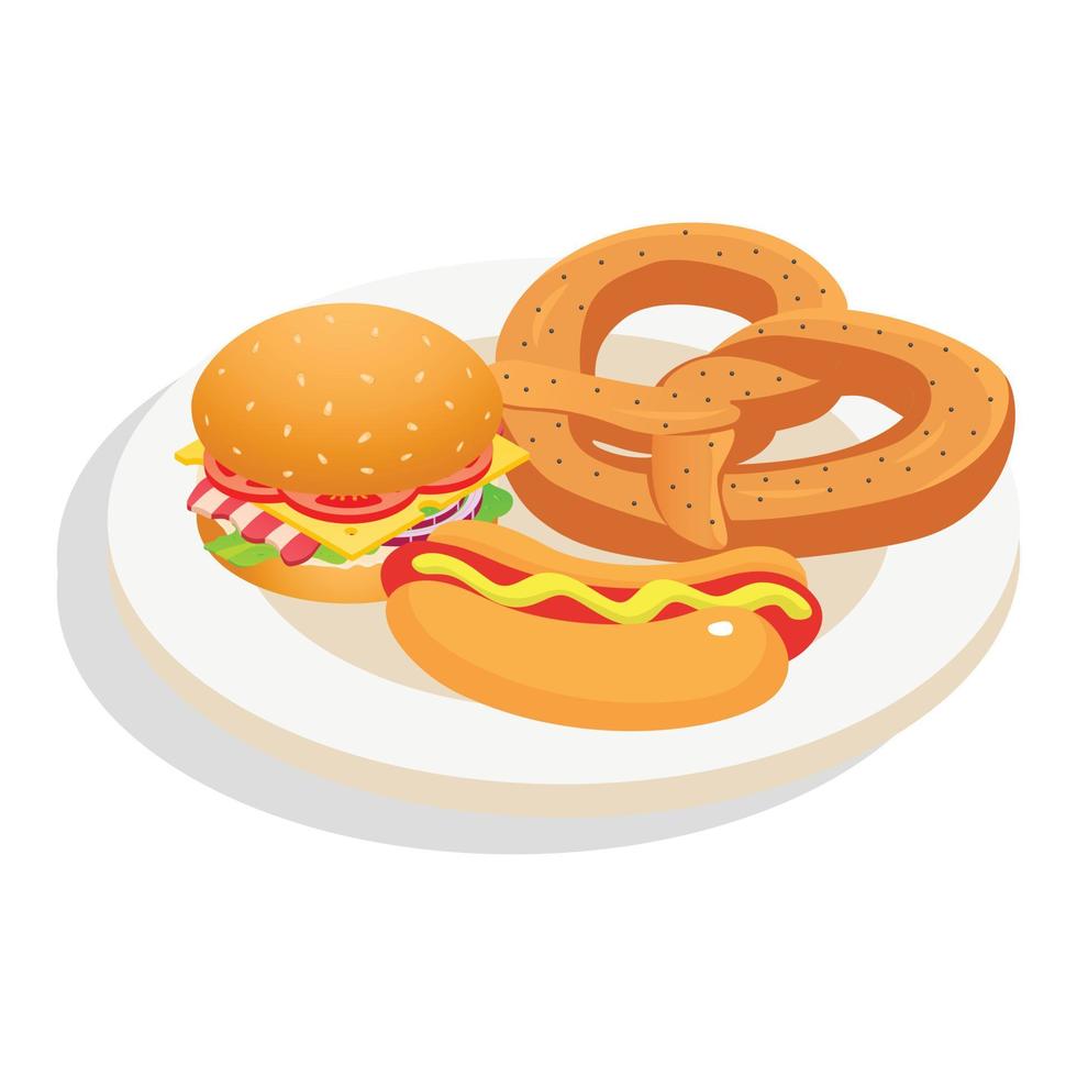 Fresh fast food on plate icon, isometric style vector