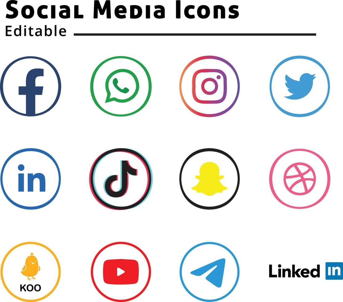 Collection of popular social media logo. Facebook, instagram, twitter, linkedin, youtube, telegram, vimeo, snapchat, whatsapp. Realistic editorial set. vector