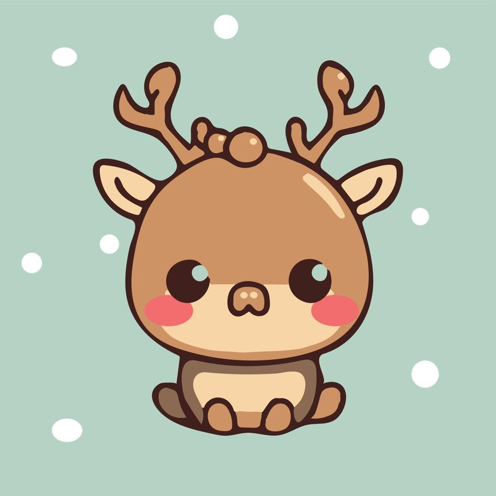 lindo adorable reno kawaii, ilustración de dibujos animados de un animal bebé feliz y divertido. vector