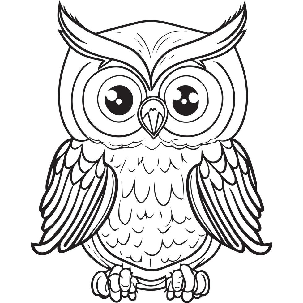 Owl outline vector illustration. Coloring book for children. Cartoon bird black and white drawing.