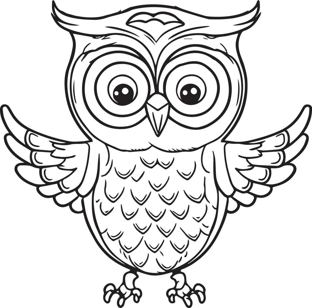 Owl outline vector illustration. Coloring book for children. Cartoon bird black and white drawing.