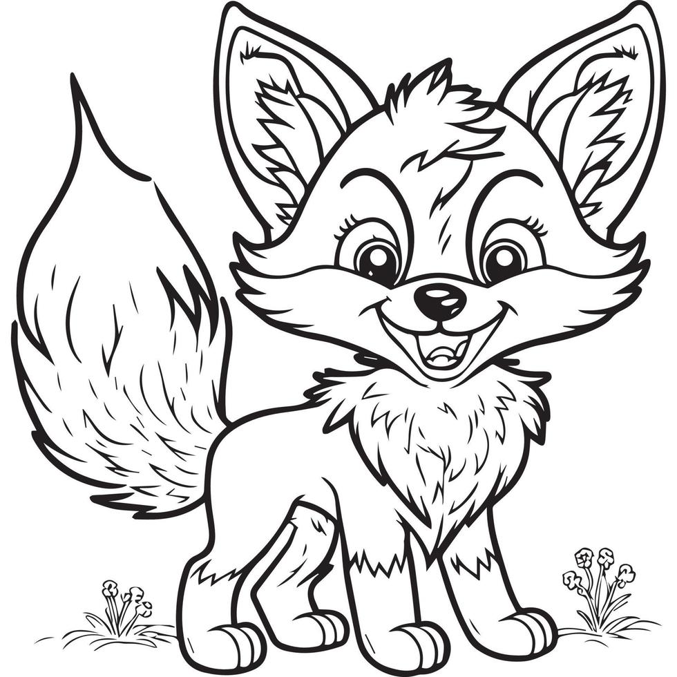 Happy fox cartoon outline illustration. Coloring book for children, vector drawing.
