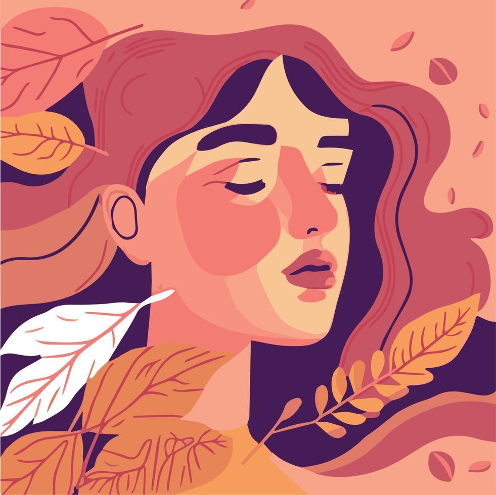 Peaceful relaxed happy girl. Vector art of wellness and well being.