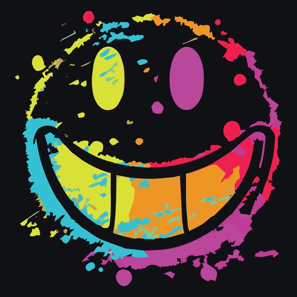 Acid colorful emoticon. Paint splatter graffiti style emoji, vector illustration.