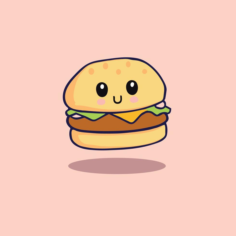 ilustración de hamburguesa kawaii, comida rápida aislada de dibujos animados feliz vector