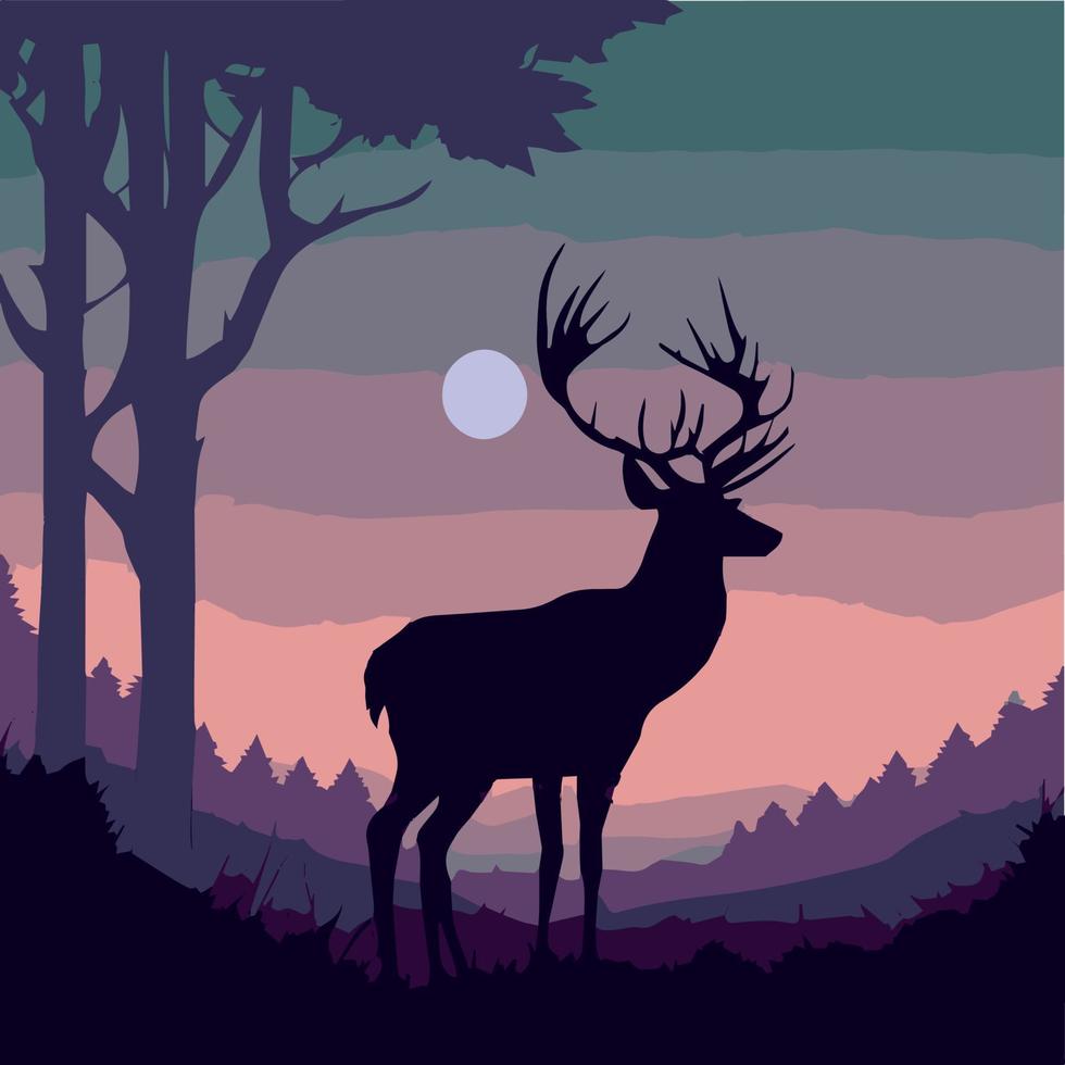 Silhouette of a deer, stag at sunrise, sunset. Beautiful vector art illustration.