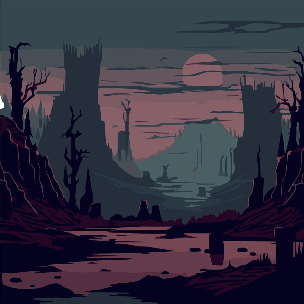 Grim dark and sombre fantasy castle. Vector art of evil mysterious haunted landscape.