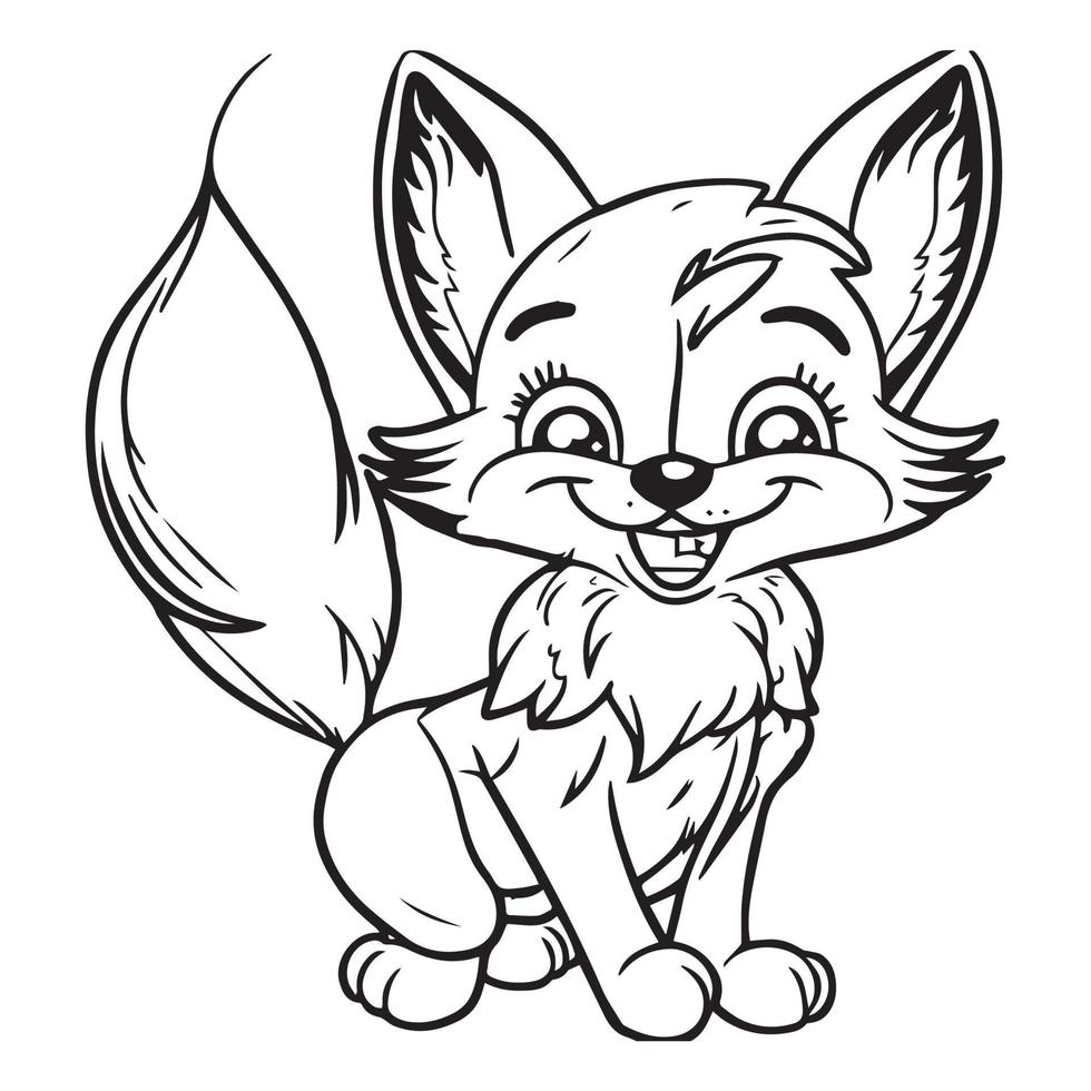 Happy fox cartoon outline illustration. Coloring book for children, vector drawing.