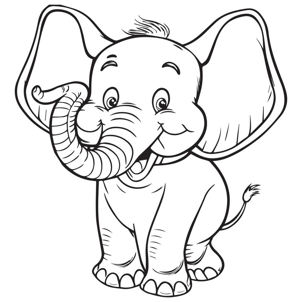 ilustración de vector de contorno de elefante de dibujos animados lindo y feliz. adorable animal de zoológico para colorear libro.