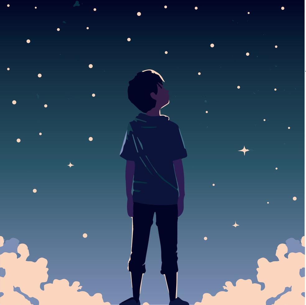 Kid dreaming and looking at the stars, child imagination illustration. vector