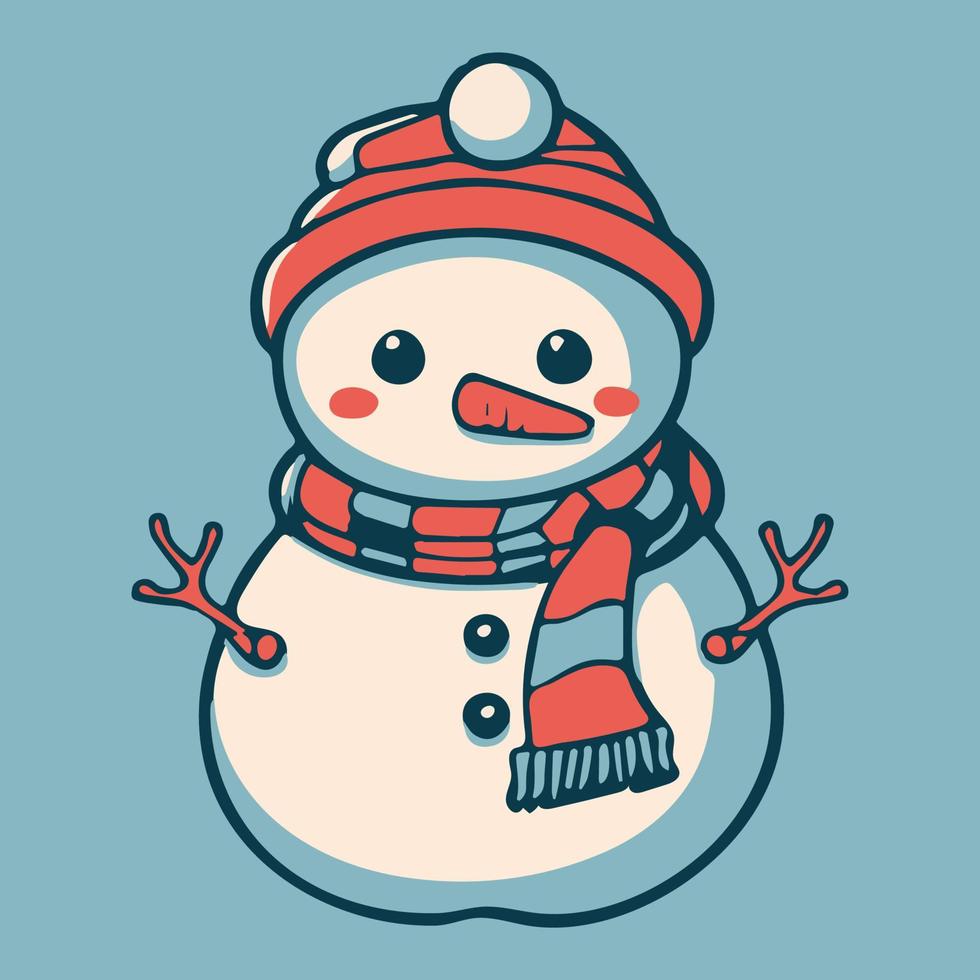 linda ilustración vectorial de muñeco de nieve. diseño de dibujos animados de invierno. personaje navideño. feliz nieve kawaii para diciembre. tarjeta de felicitación de feliz navidad. dibujo aislado con nariz de zanahoria, sombrero y bufanda. vector