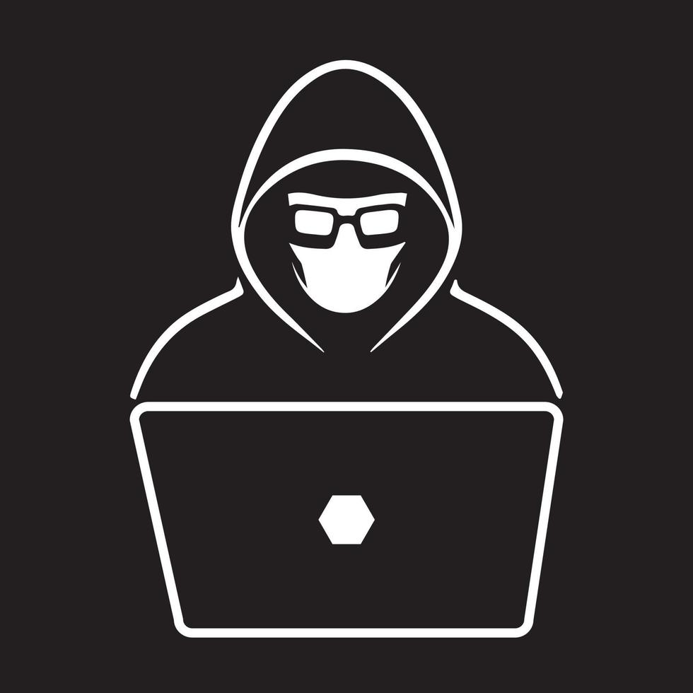 Pictogram Hacker. Logo of cybersecurity. Man working on a computer security icon. vector