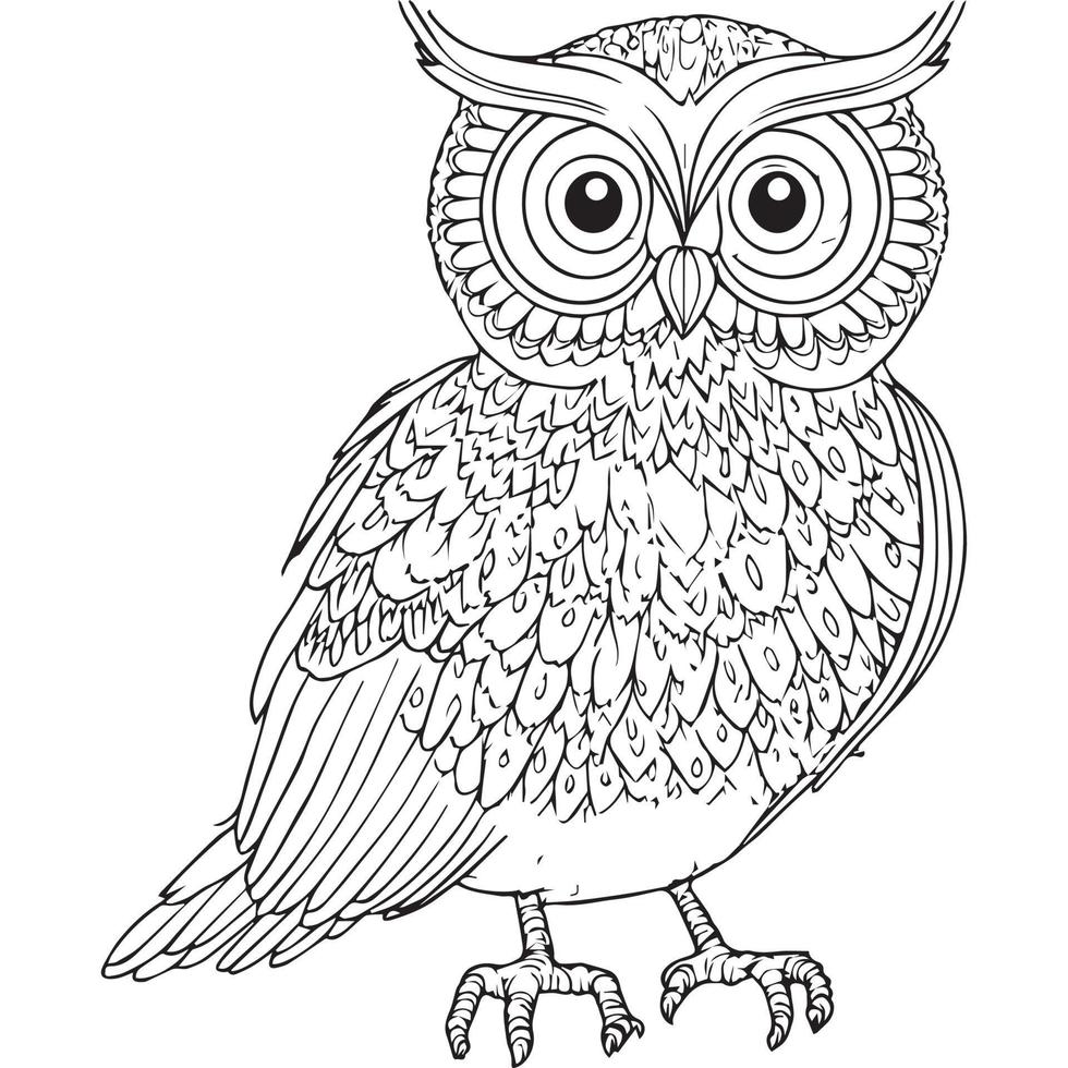 Ilustración de vector de contorno de búho. libro para colorear para niños. dibujo de pájaro de dibujos animados en blanco y negro.
