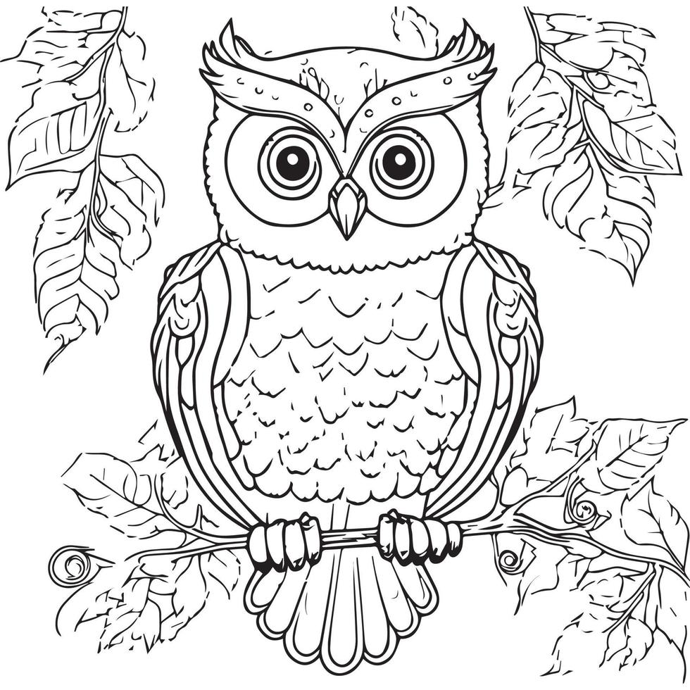 Owl outline vector illustration. Coloring book for children. Cartoon bird black and white drawing.