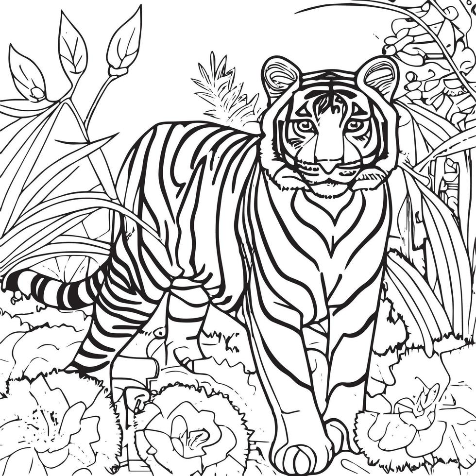 Tiger outline for coloring book. Black and white vector illustration drawing.