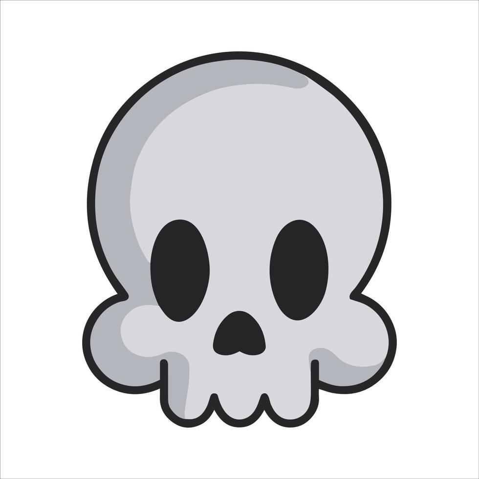 divertido logotipo de calavera de dibujos animados. símbolo muerto aislado. linda silueta muerta de halloween. arte Grafico. pegatina de la mascota de la muerte. divertido emoticono. dibujo malvado. Huesos de bandera pirata. vector