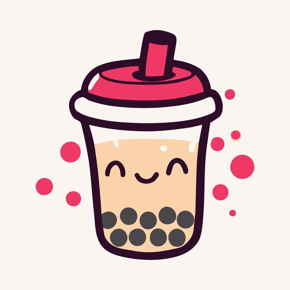 Ilustración de vector de té de burbuja kawaii de bebida deliciosa dulce de dibujos animados.