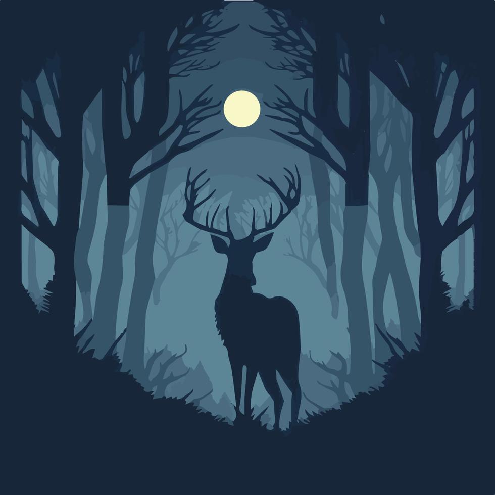 Silhouette of a deer, stag in the night. Beautiful vector art illustration.