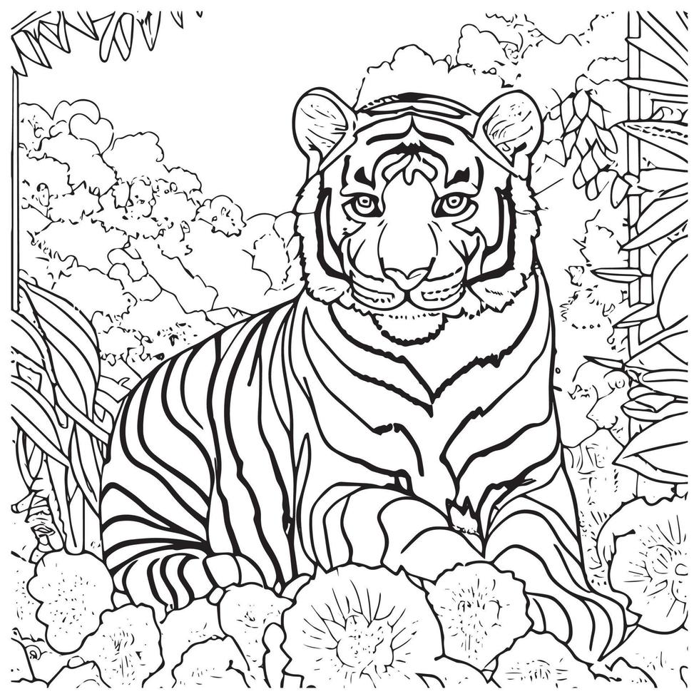 Tiger outline for coloring book. Black and white vector illustration drawing.